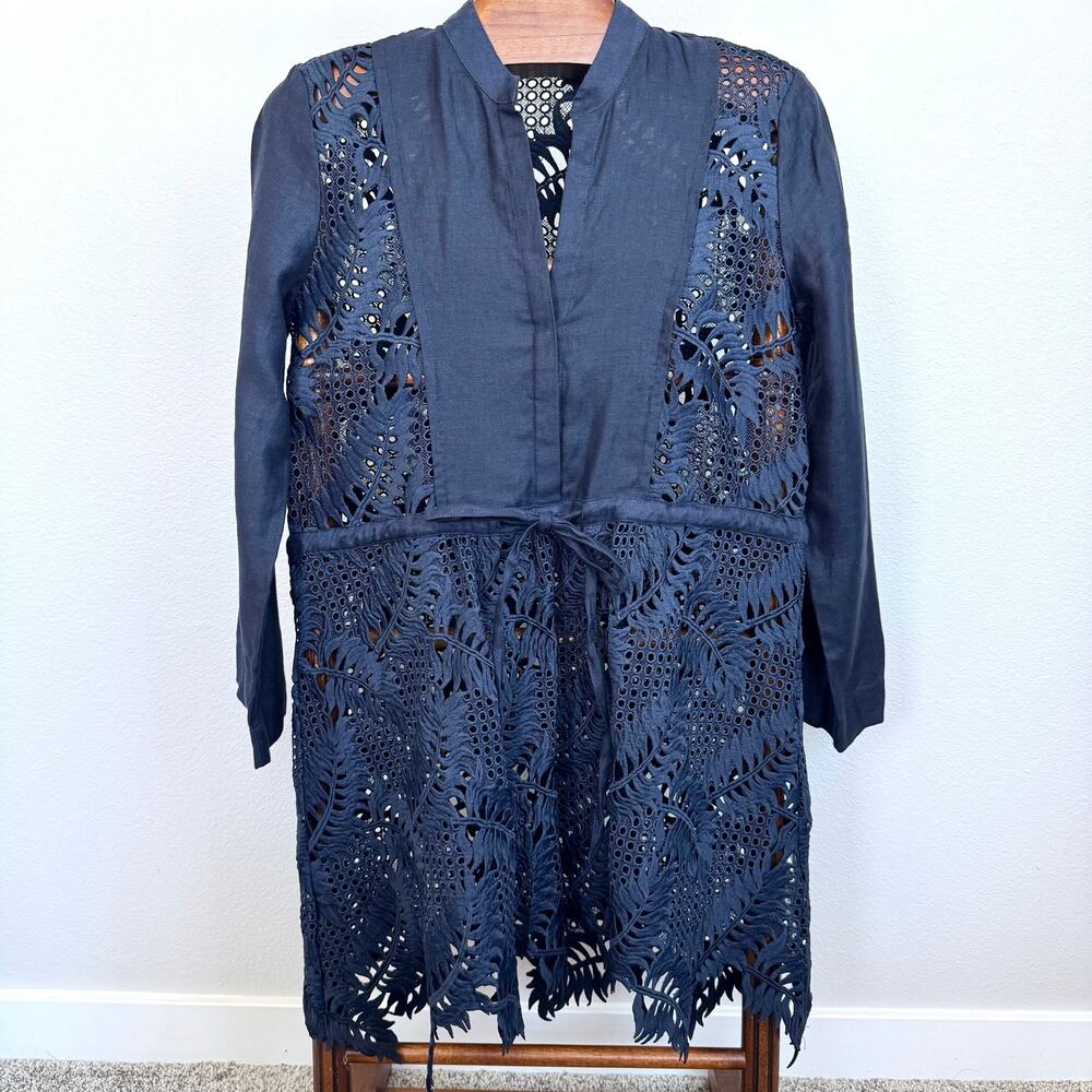 Zara Woman 100% Linen Embroidered Lace Tunic Dress Cover-Up Navy Blue sz S Boho